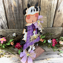 Load image into Gallery viewer, Farmhouse centerpiece, Cow decoration, Primitive Wooden Cow shelf sitter, Country style cow decoration, Bovine decor, Chicken decoration
