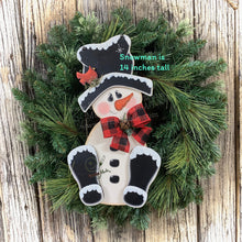 Load image into Gallery viewer, Snowman door hanger, Christmas door hanger, Snowman wreath attachment, Wooden Snowman and Cardinal, Christmas crafts, Snowman sign, leaner
