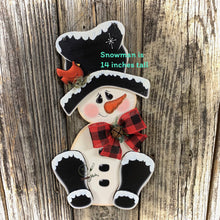 Load image into Gallery viewer, Snowman door hanger, Christmas door hanger, Snowman wreath attachment, Wooden Snowman and Cardinal, Christmas crafts, Snowman sign, leaner
