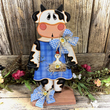 Load image into Gallery viewer, Farmhouse centerpiece, Cow decoration, Primitive Wooden Cow shelf sitter, Country style cow decoration, Bovine decor, Chicken decoration
