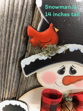 Load image into Gallery viewer, Snowman door hanger, Christmas door hanger, Snowman wreath attachment, Wooden Snowman and Cardinal, Christmas crafts, Snowman sign, leaner
