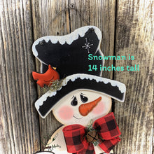 Load image into Gallery viewer, Snowman door hanger, Christmas door hanger, Snowman wreath attachment, Wooden Snowman and Cardinal, Christmas crafts, Snowman sign, leaner

