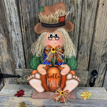 Load image into Gallery viewer, Scarecrow for Fall decoration, Pumpkin sign for porch, Hello Fall sign, Wooden Scarecrow with hat, Halloween porch decor, Thanksgiving decor
