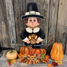 Load image into Gallery viewer, Thanksgiving Centerpiece, Turkey And Pilgrim decoration, Wooden Thanksgiving Pilgrim and pumpkins, Primitive Pilgrim and Turkey shelf sitter
