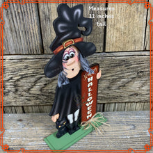 Load image into Gallery viewer, Fall Witch decor, small witch for tier tray, Wood Witch and black cat shelf sitter, Spooky black cat, witch decor, Halloween decor witch hat
