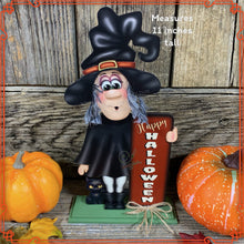 Load image into Gallery viewer, Fall Witch decor, small witch for tier tray, Wood Witch and black cat shelf sitter, Spooky black cat, witch decor, Halloween decor witch hat
