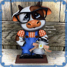Load image into Gallery viewer, Farmhouse Cow decoration, Tiered tray cow decor, Cow shelf sitter, Cow with big glasses, Wooden Cow, highland cow, Vintage milk can, cowgirl
