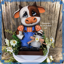 Load image into Gallery viewer, Farmhouse Cow decoration, Tiered tray cow decor, Cow shelf sitter, Cow with big glasses, Wooden Cow, highland cow, Vintage milk can, cowgirl
