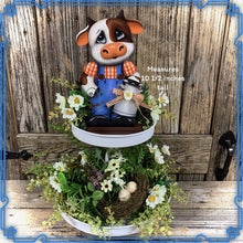 Load image into Gallery viewer, Farmhouse Cow decoration, Tiered tray cow decor, Cow shelf sitter, Cow with big glasses, Wooden Cow, highland cow, Vintage milk can, cowgirl
