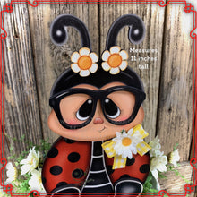 Load image into Gallery viewer, Ladybug decoration, Farmhouse summer decor, Tiered tray decor, wood ladybug sign, Summer ladybug shelf sitter, ladybug with big glasses, bee
