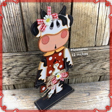 Load image into Gallery viewer, Farmhouse Cow decoration, Tiered tray cow decor, Country style Cow and chicken, Wooden Cow shelf sitter on base black and white cow, cowgirl
