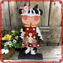 Load image into Gallery viewer, Farmhouse Cow decoration, Tiered tray cow decor, Country style Cow and chicken, Wooden Cow shelf sitter on base black and white cow, cowgirl

