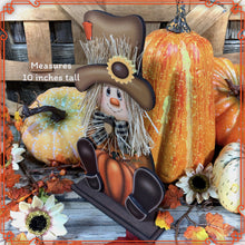 Load image into Gallery viewer, Fall Scarecrow decoration, tier tray, kitchen island fall arrangement, riser decor, wooden shelf sitter, Halloween, Farmhouse, Thanksgiving
