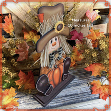 Load image into Gallery viewer, Fall Scarecrow decoration, tier tray, kitchen island fall arrangement, riser decor, wooden shelf sitter, Halloween, Farmhouse, Thanksgiving
