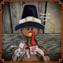 Load image into Gallery viewer, Thanksgiving decoration, Turkey and pumpkin, Autumn floral arrangement for table, shelf, Fall mantle decor Tiered tray, cute wooden Turkey
