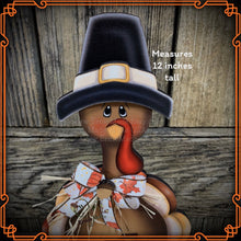 Load image into Gallery viewer, Thanksgiving decoration, Turkey and pumpkin, Autumn floral arrangement for table, shelf, Fall mantle decor Tiered tray, cute wooden Turkey

