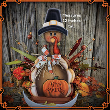 Load image into Gallery viewer, Thanksgiving decoration, Turkey and pumpkin, Autumn floral arrangement for table, shelf, Fall mantle decor Tiered tray, cute wooden Turkey
