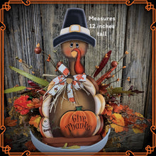 Load image into Gallery viewer, Thanksgiving decoration, Turkey and pumpkin, Autumn floral arrangement for table, shelf, Fall mantle decor Tiered tray, cute wooden Turkey

