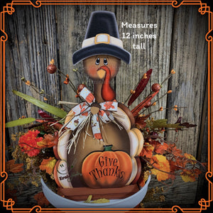 Thanksgiving decoration, Turkey and pumpkin, Autumn floral arrangement for table, shelf, Fall mantle decor Tiered tray, cute wooden Turkey