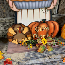 Load image into Gallery viewer, Thanksgiving decoration, Pilgrim and Turkey for entryway decor, Autumn arrangement, Fall centerpiece, pumpkin pie decor, Give Thanks sign
