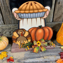 Load image into Gallery viewer, Thanksgiving decoration, Pilgrim and Turkey for entryway decor, Autumn arrangement, Fall centerpiece, pumpkin pie decor, Give Thanks sign
