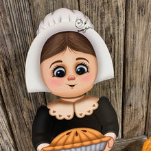 Load image into Gallery viewer, Thanksgiving decoration, Pilgrim and Turkey for entryway decor, Autumn arrangement, Fall centerpiece, pumpkin pie decor, Give Thanks sign

