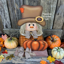 Load image into Gallery viewer, Fall Scarecrow decoration, Pumpkin and Scarecrow porch decor, Autumn Pumpkin arrangement for entry way, Halloween, Farmhouse, Thanksgiving
