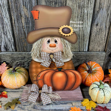 Load image into Gallery viewer, Fall Scarecrow decoration, Pumpkin and Scarecrow porch decor, Autumn Pumpkin arrangement for entry way, Halloween, Farmhouse, Thanksgiving
