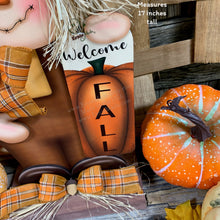 Load image into Gallery viewer, Fall Scarecrow decoration, Pumpkin and Scarecrow porch decor, Autumn Pumpkin arrangement for entry way, Halloween, Farmhouse, Thanksgiving
