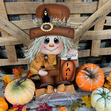 Load image into Gallery viewer, Fall Scarecrow decoration, Pumpkin and Scarecrow porch decor, Autumn Pumpkin arrangement for entry way, Halloween, Farmhouse, Thanksgiving
