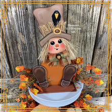 Load image into Gallery viewer, Fall Scarecrow decoration, tier tray, kitchen island fall arrangement, riser decor, wooden shelf sitter, Halloween, Farmhouse, Thanksgiving
