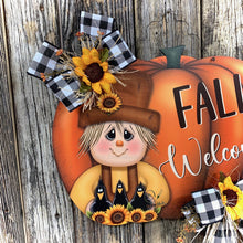Load image into Gallery viewer, Scarecrow Fall door hanger, pumpkin door sign, Thanksgiving wreath, Halloween, Pumpkin and sunflowers porch sign, Scarecrow and crows decor
