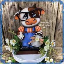 Load image into Gallery viewer, Farmhouse Cow decoration, Tiered tray cow decor, Cow shelf sitter, Cow with big glasses, Wooden Cow, highland cow, Vintage milk can, cowgirl
