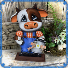 Load image into Gallery viewer, Farmhouse Cow decoration, Tiered tray cow decor, Cow shelf sitter, Cow with big glasses, Wooden Cow, highland cow, Vintage milk can, cowgirl
