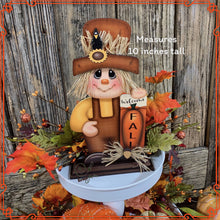 Load image into Gallery viewer, Fall Scarecrow decoration, tier tray, kitchen island fall arrangement, riser decor, wooden shelf sitter, Halloween, Farmhouse, Thanksgiving
