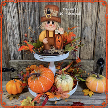 Load image into Gallery viewer, Fall Scarecrow decoration, tier tray, kitchen island fall arrangement, riser decor, wooden shelf sitter, Halloween, Farmhouse, Thanksgiving
