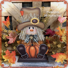 Load image into Gallery viewer, Fall Scarecrow decoration, tier tray, kitchen island fall arrangement, riser decor, wooden shelf sitter, Halloween, Farmhouse, Thanksgiving
