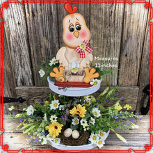 Load image into Gallery viewer, Chicken decoration, Farmhouse decor, Chicken Tiered tray decor, Cute wood Chicken sign, Wood Chicken shelf sitter, kitchen counter top decor
