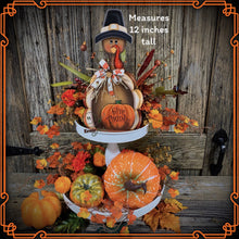Load image into Gallery viewer, Thanksgiving decoration, Turkey and pumpkin, Autumn floral arrangement for table, shelf, Fall mantle decor Tiered tray, cute wooden Turkey
