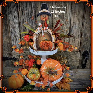 Thanksgiving decoration, Turkey and pumpkin, Autumn floral arrangement for table, shelf, Fall mantle decor Tiered tray, cute wooden Turkey