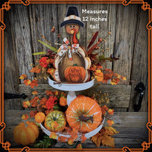 Load image into Gallery viewer, Thanksgiving decoration, Turkey and pumpkin, Autumn floral arrangement for table, shelf, Fall mantle decor Tiered tray, cute wooden Turkey
