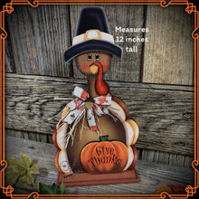 Load image into Gallery viewer, Thanksgiving decoration, Turkey and pumpkin, Autumn floral arrangement for table, shelf, Fall mantle decor Tiered tray, cute wooden Turkey
