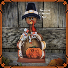 Load image into Gallery viewer, Thanksgiving decoration, Turkey and pumpkin, Autumn floral arrangement for table, shelf, Fall mantle decor Tiered tray, cute wooden Turkey
