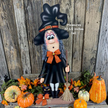 Load image into Gallery viewer, Halloween Decoration, Witch, fall porch decor, Candy corn bow, cute black cat decor, Happy Halloween sign, Witch hat arrangement, entry way
