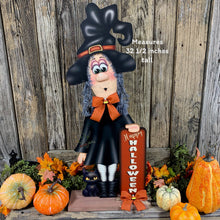 Load image into Gallery viewer, Halloween Decoration, Witch, fall porch decor, Candy corn bow, cute black cat decor, Happy Halloween sign, Witch hat arrangement, entry way

