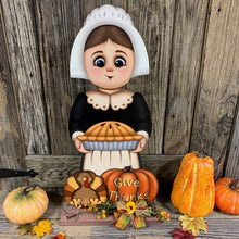 Load image into Gallery viewer, Thanksgiving decoration, Pilgrim and Turkey for entryway decor, Autumn arrangement, Fall centerpiece, pumpkin pie decor, Give Thanks sign
