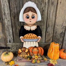 Load image into Gallery viewer, Thanksgiving decoration, Pilgrim and Turkey for entryway decor, Autumn arrangement, Fall centerpiece, pumpkin pie decor, Give Thanks sign
