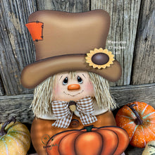 Load image into Gallery viewer, Fall Scarecrow decoration, Pumpkin and Scarecrow porch decor, Autumn Pumpkin arrangement for entry way, Halloween, Farmhouse, Thanksgiving

