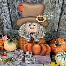 Load image into Gallery viewer, Fall Scarecrow decoration, Pumpkin and Scarecrow porch decor, Autumn Pumpkin arrangement for entry way, Halloween, Farmhouse, Thanksgiving
