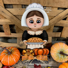 Load image into Gallery viewer, Thanksgiving Pilgrim and Turkey decor, fall shelf sitter, Fall Countertop decor, Thanksgiving centerpiece, girl Pilgrim, Turkey, Pumpkin pie
